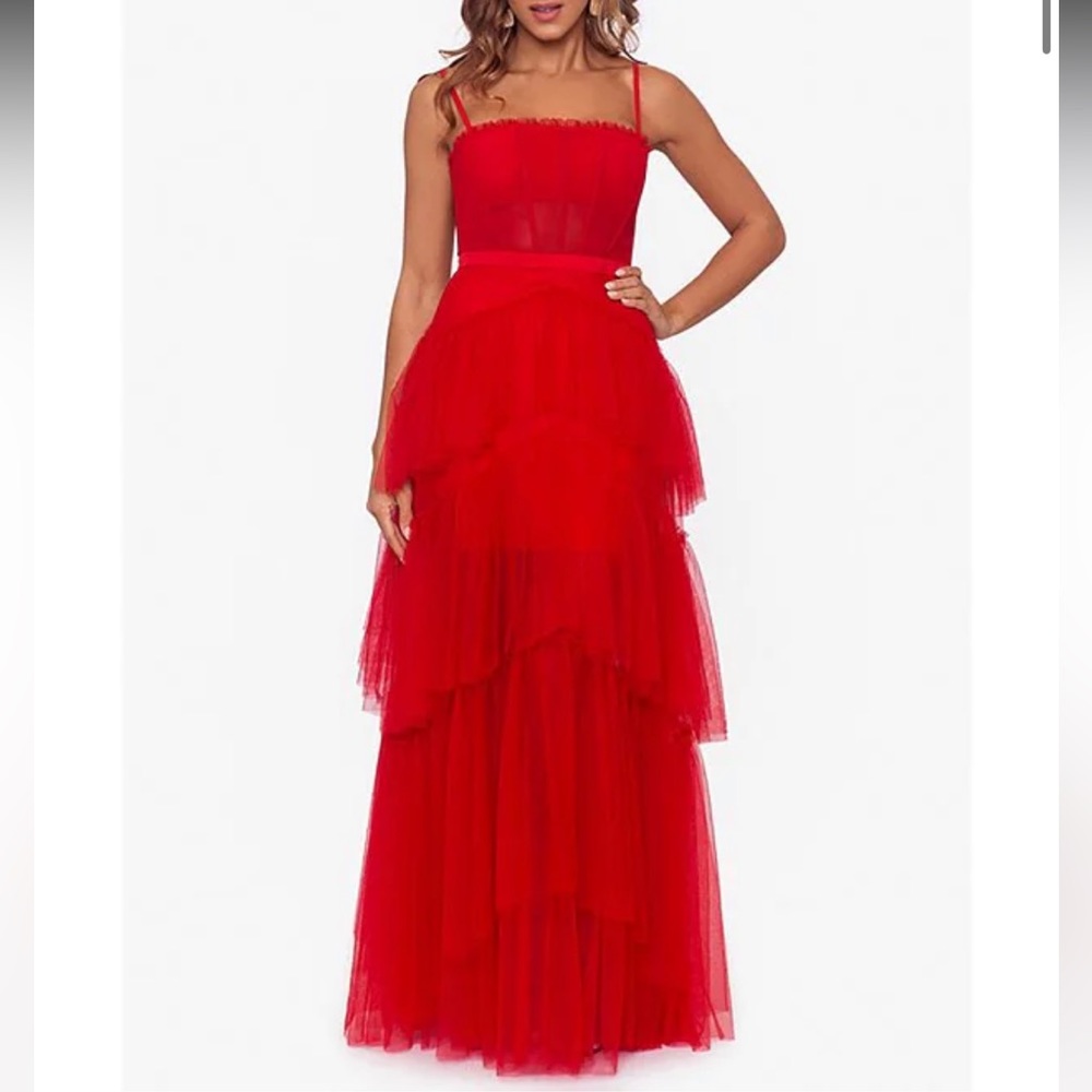 BCBG style Red Tiered Tulle Spaghetti-Strap Prom/Pageant Evening Gown